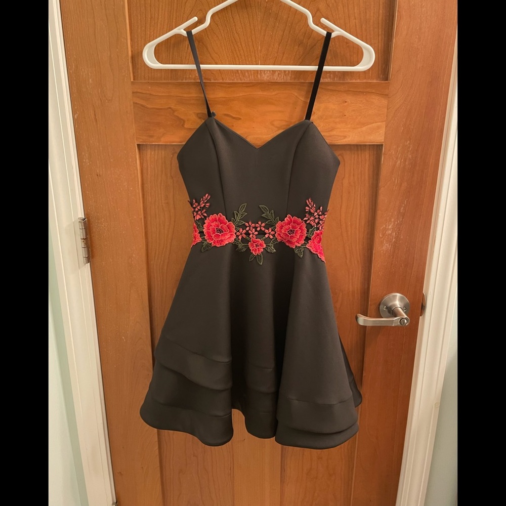 B. Smart Black and Red Floral Embroidery Fit and Flare Party Homecoming Dress